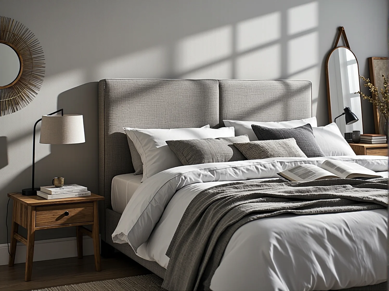 Czarna lampa industrialna nad drewnianym stołem w jadalni urządzonej w stylu skandynawskim.