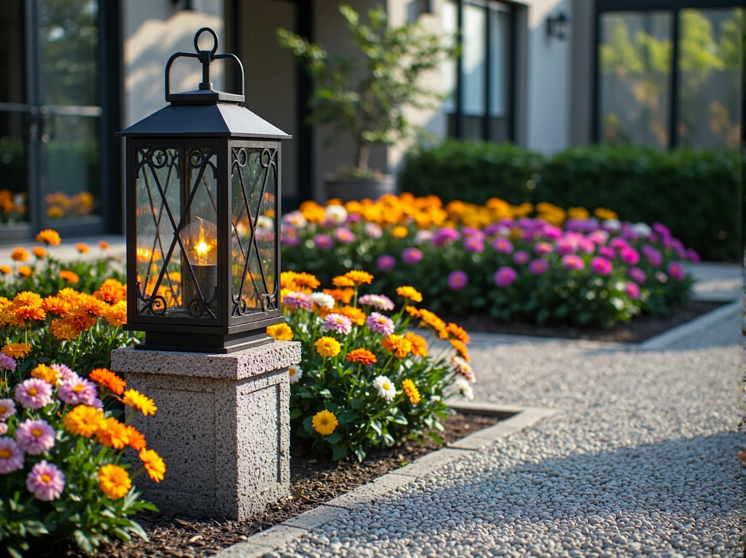 Metalowa lampa latarnia ogrodowa w stylu klasycznym na tle zielonych krzewów.