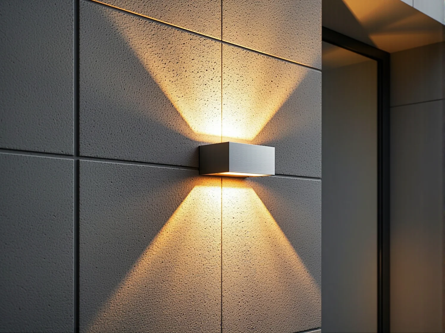 Aranżacja oświetlenia wejścia do nowoczesnego domu z wykorzystaniem lamp elewacyjnych.