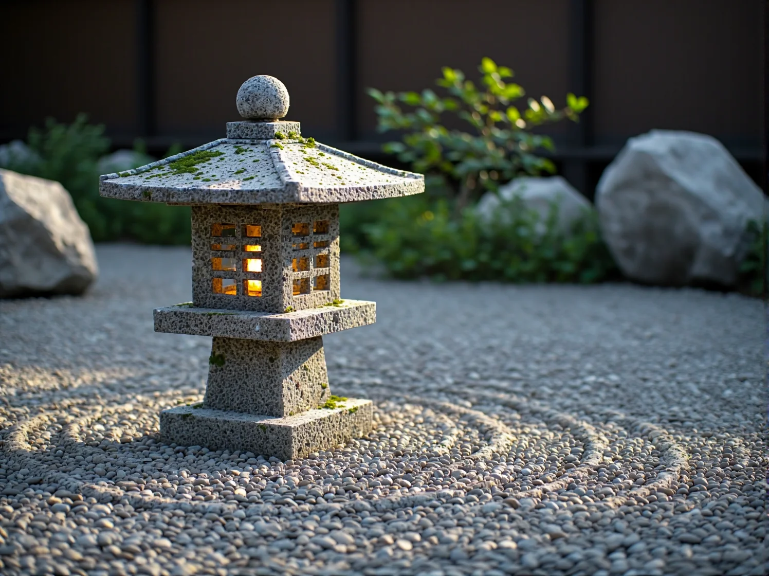 Nowoczesne lampy LED w japońskim ogrodzie, dyskretnie podświetlające ścieżkę z kamieni i bambus.