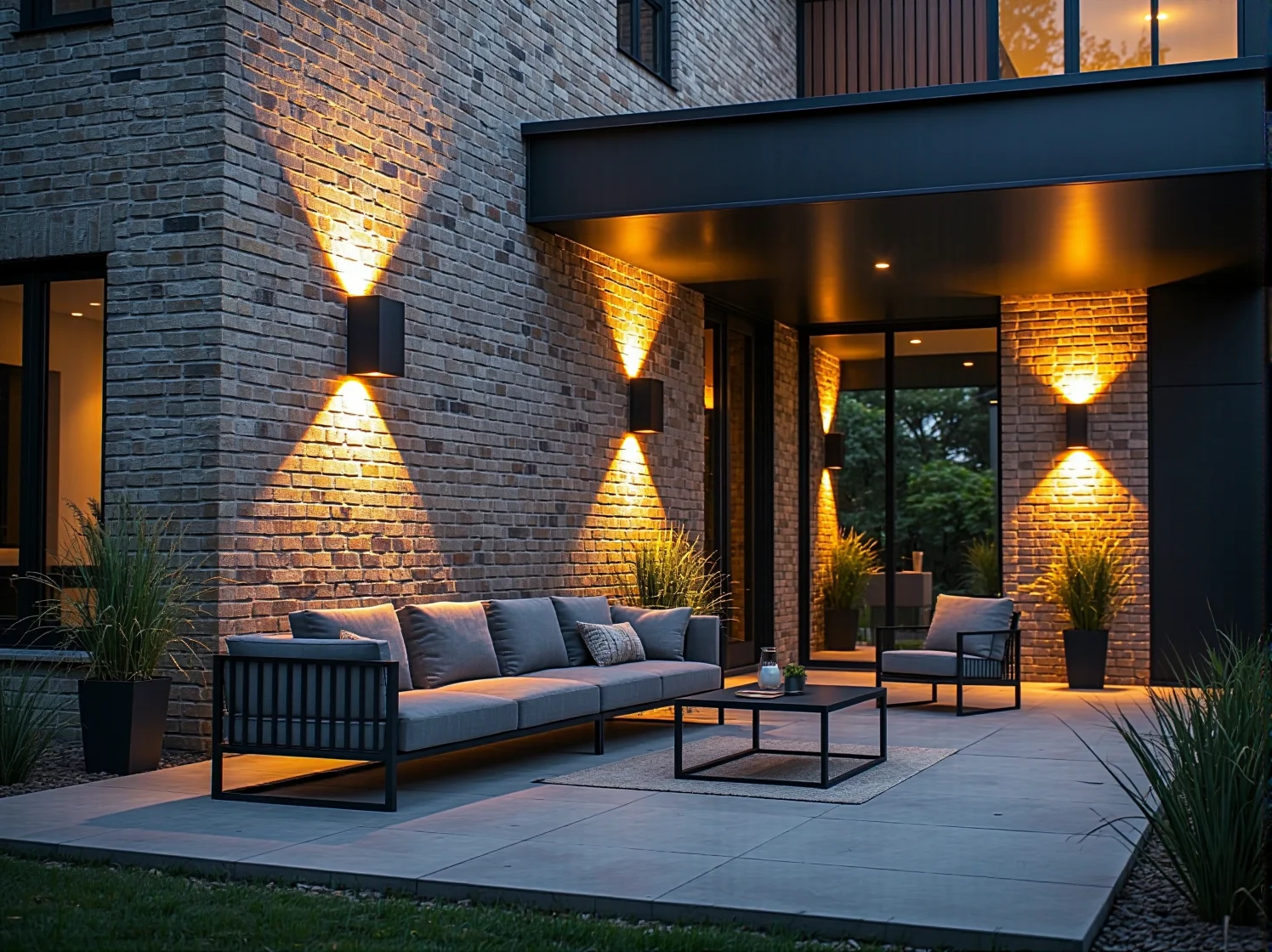 Punktowe lampy LED montowane przy elewacji klinkierowej oświetlające podjazd i ścianę.