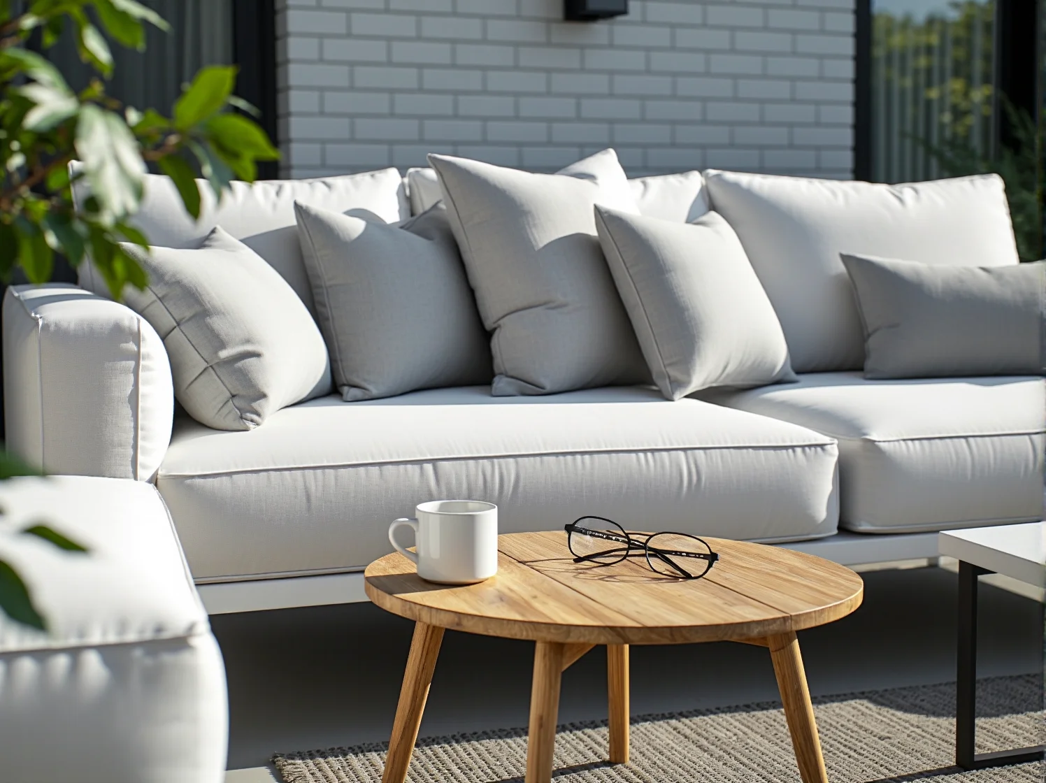 Zbliżenie na nowoczesne lampy LED emitujące ciepłe światło na tarasie w odcieniach bieli i szarości.