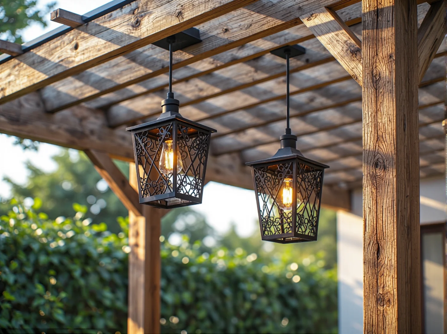 Metalowa latarenka solarna stylizowana na starą lampę przy drewnianej pergoli retro.