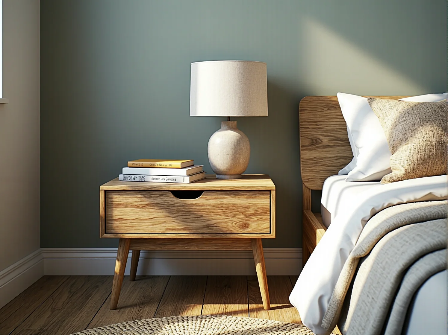 Detal wełnianego koca przewieszonego przez oparcie fotela, symbol trwałości i komfortu w stylu skandynawskim.