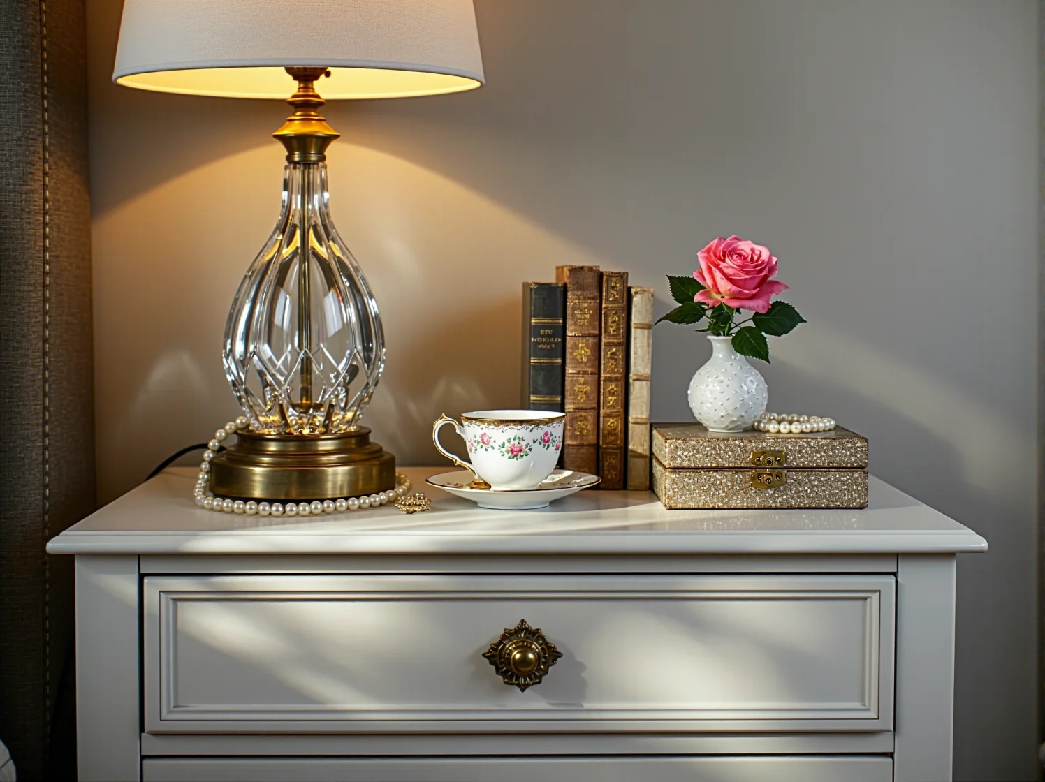 Zbliżenie na welurowe wezgłowie łóżka i ozdobne poduszki w sypialni łączącej styl vintage z glamour.