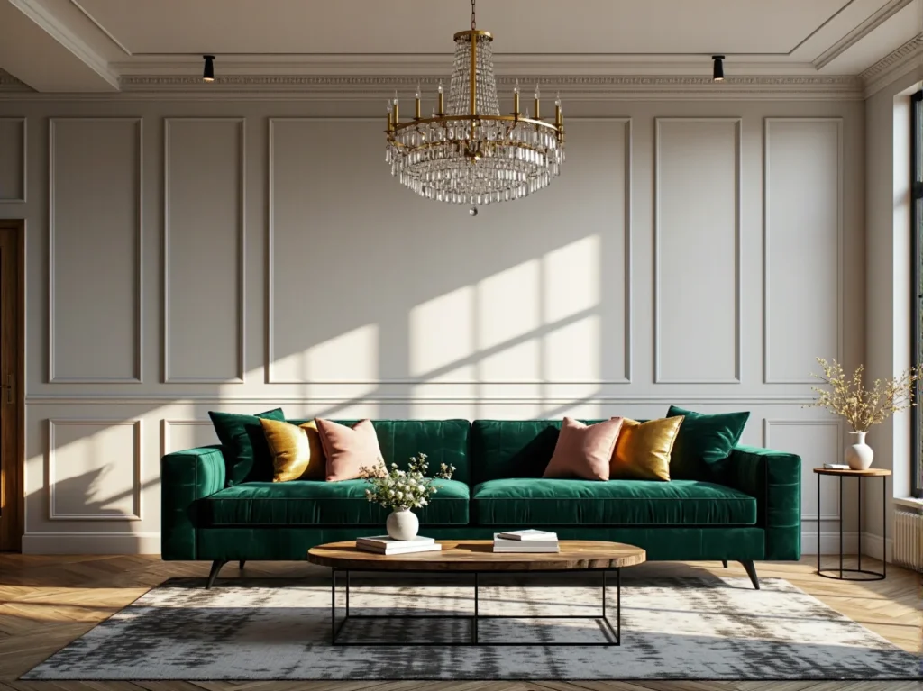 Elegancka sofa glamour butelkowa zieleń z welurową tapicerką