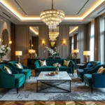 Elegancki fotel welurowy szmaragdowy w stylu glamour ze złotymi poduszkami