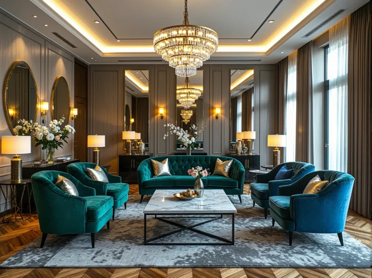 Elegancki fotel welurowy szmaragdowy w stylu glamour ze złotymi poduszkami