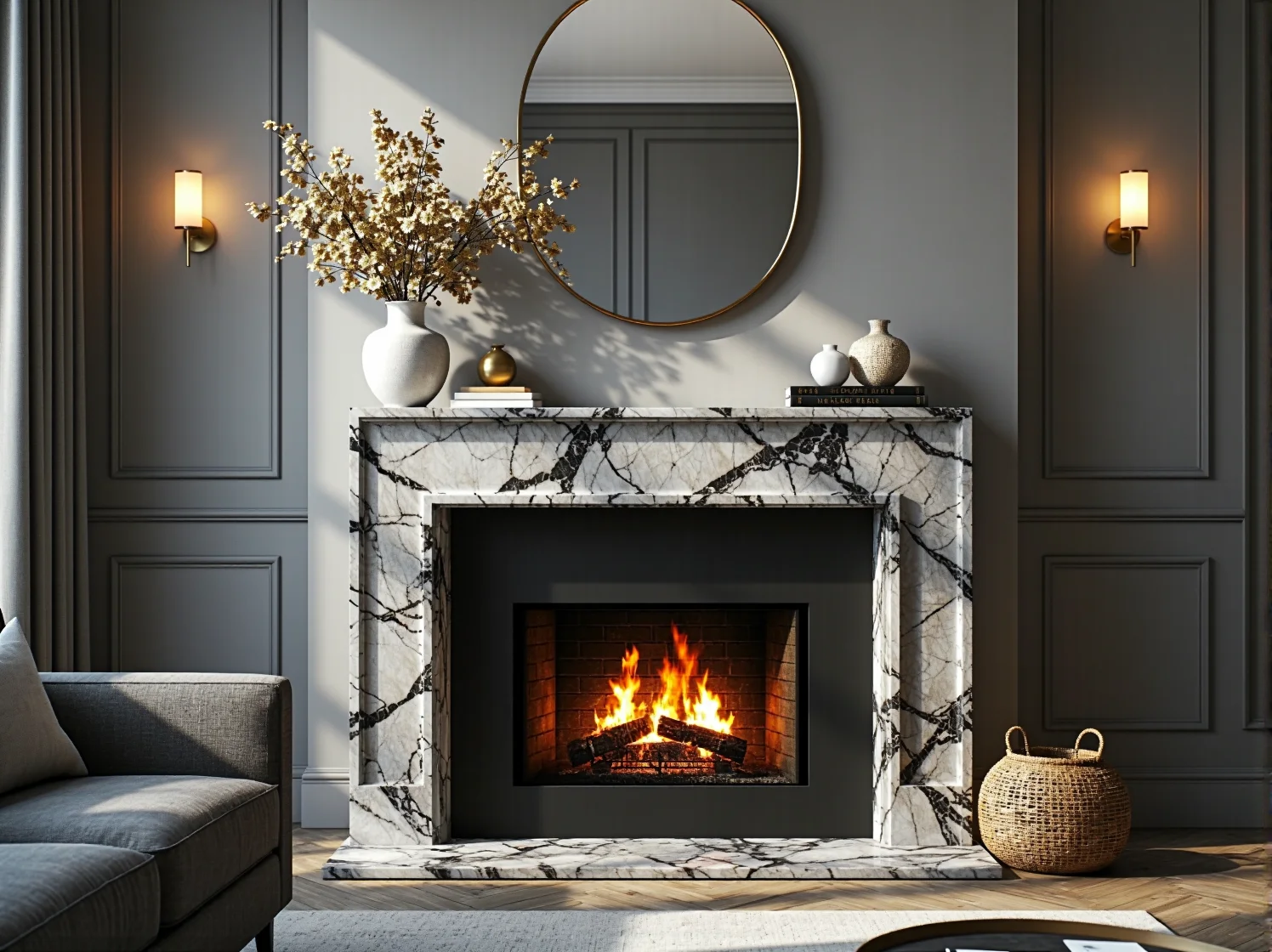 Luksusowe meble glamour zestawione z szarymi ścianami w nowoczesnym wnętrzu.