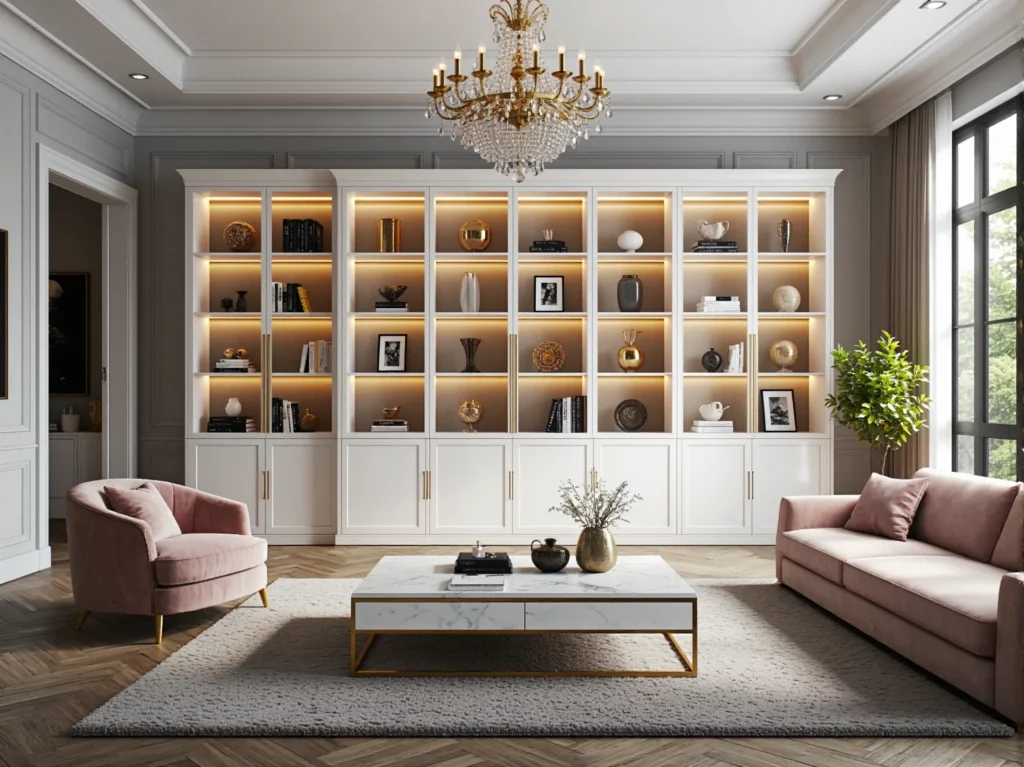 Biały regał glamour z oświetleniem LED i złotymi uchwytami