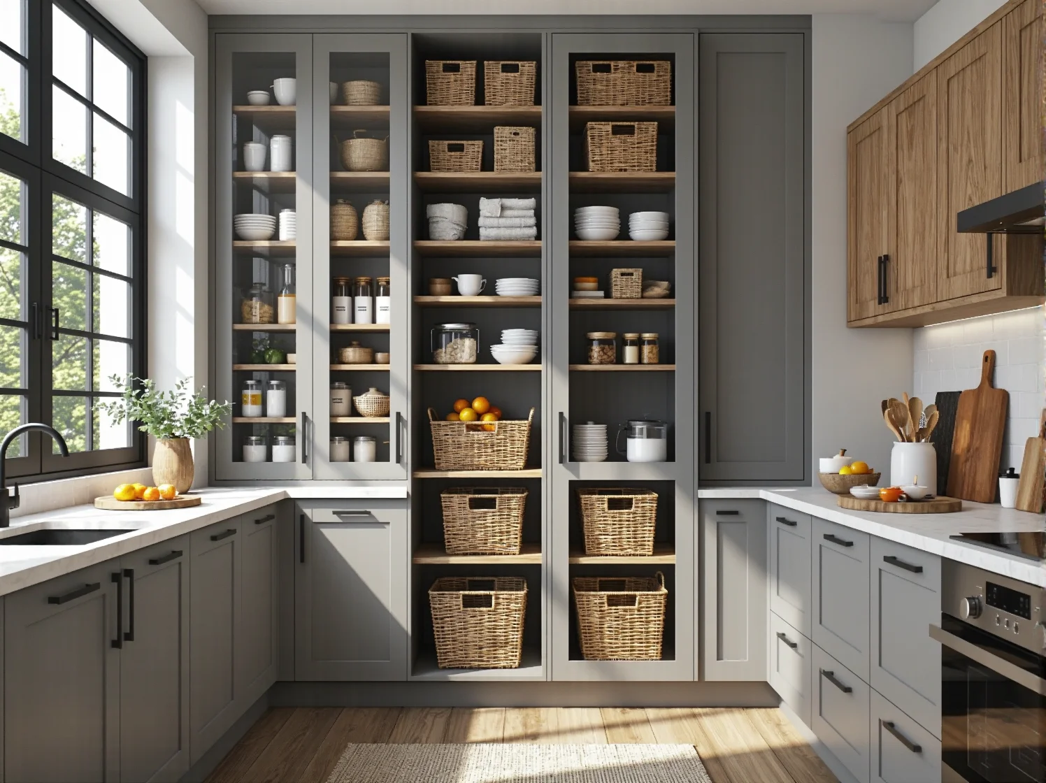 System Magic Corner w szafce narożnej maksymalizujący dostępną przestrzeń w małej kuchni.