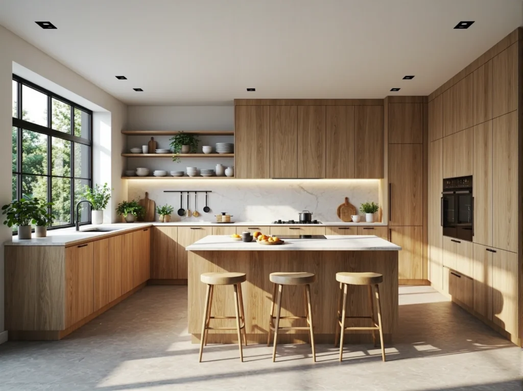 Nowoczesne meble kuchenne dąb naturalny z wyspą i oświetleniem LED