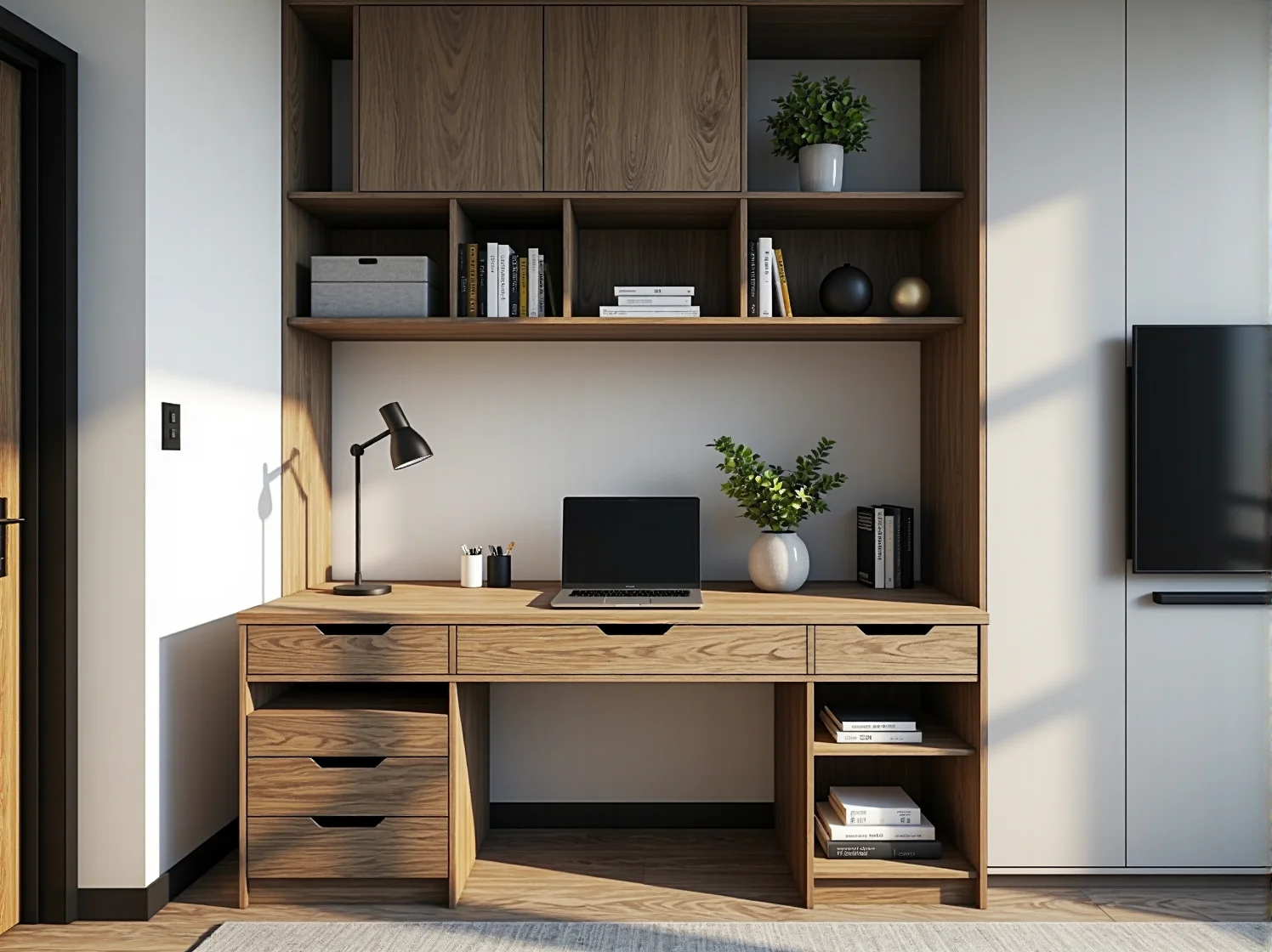 Kompaktowe biurko narożne idealnie wykorzystujące wolny kąt w małym mieszkaniu.