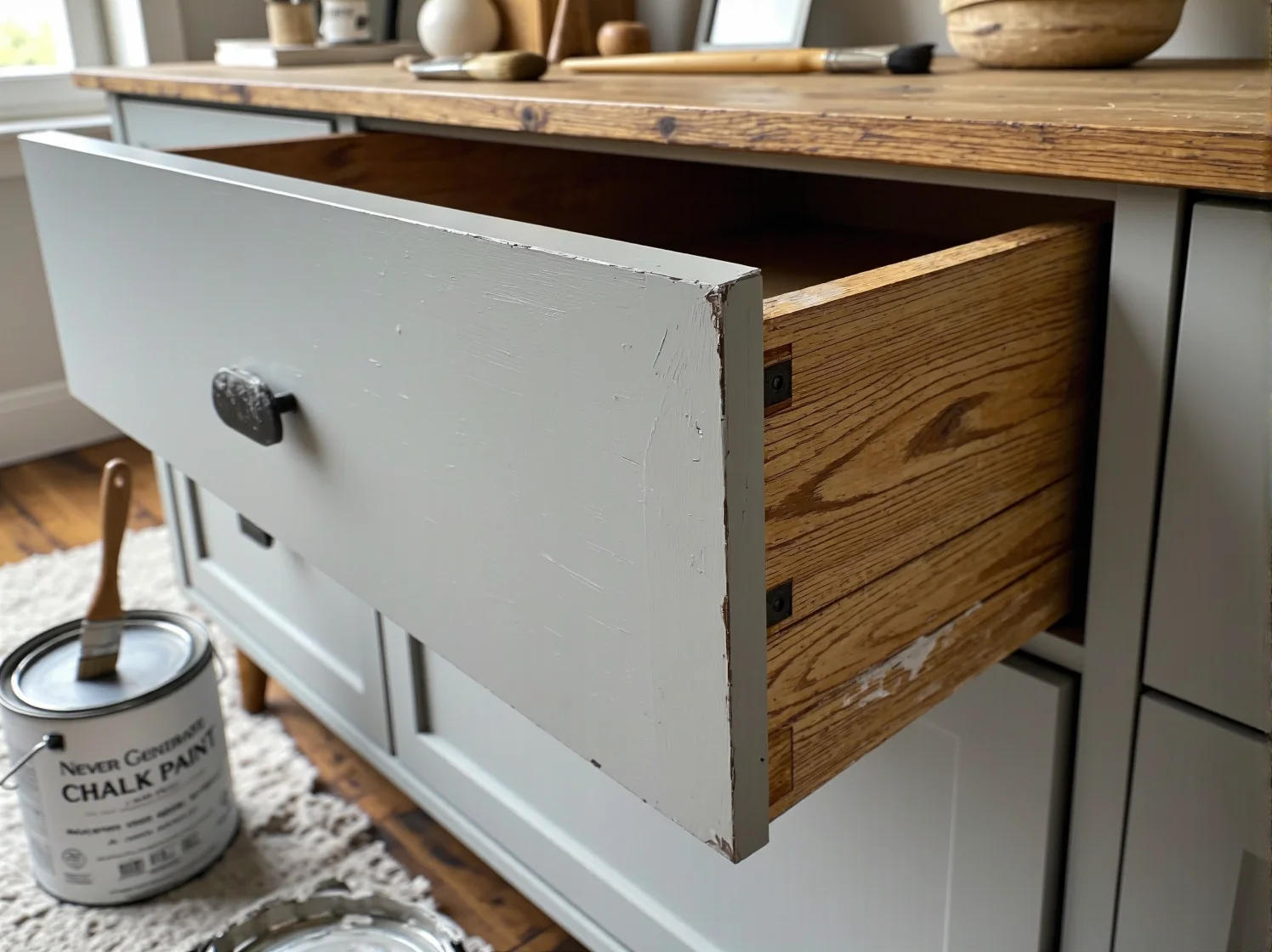 Zbliżenie na pędzel z farbą mleczną na tle odnawianego drewnianego krzesła w stylu retro.