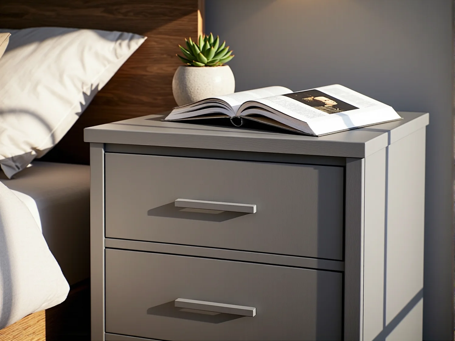 Proces malowania szafki na matowy szary kolor zgodnie z zasadami minimalizmu i estetyki.