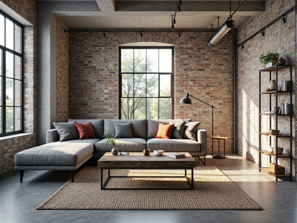 Szary narożnik loftowy z poduszkami i drewniany stolik kawowy