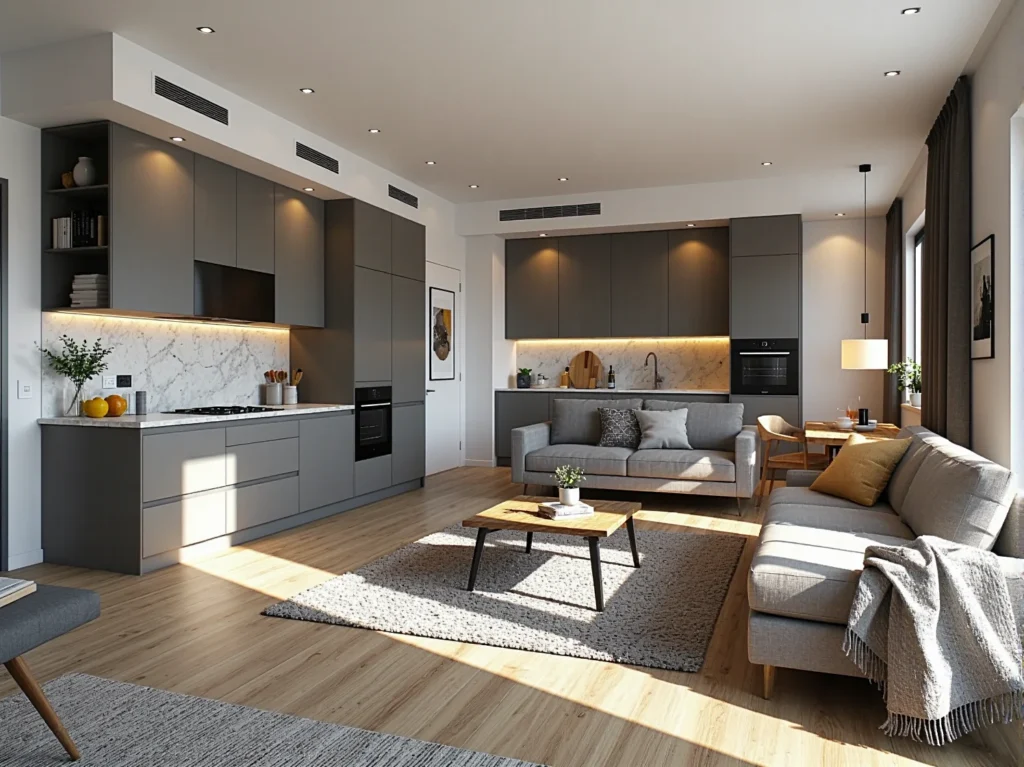 Zabudowa kuchenna grafitowa z oświetleniem LED i marmurowym blatem