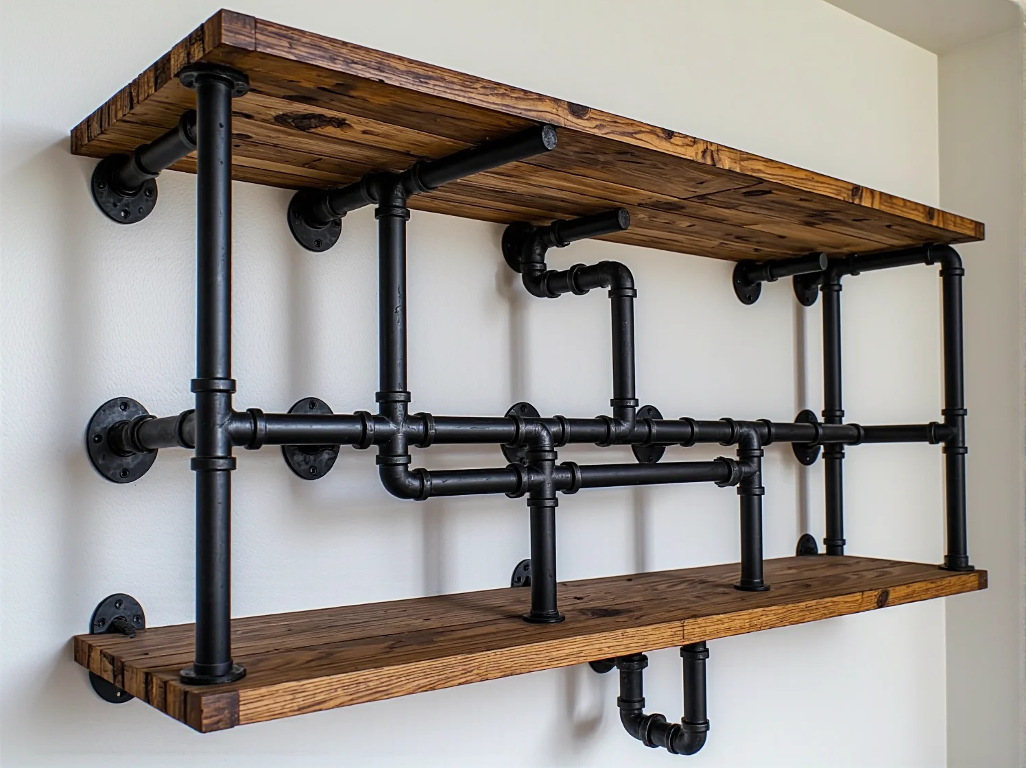 Materiały do budowy półki DIY: metalowe rury, złączki i surowa deska drewniana.
