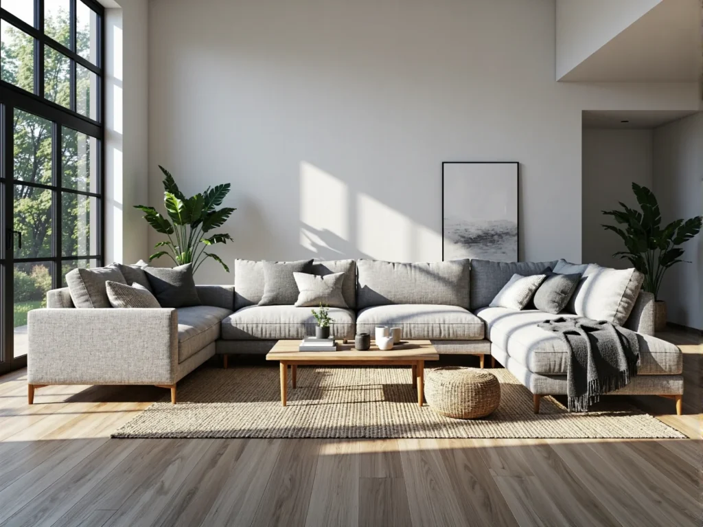 Narożnik modułowy szary z drewnianymi nogami w stylu skandynawskim