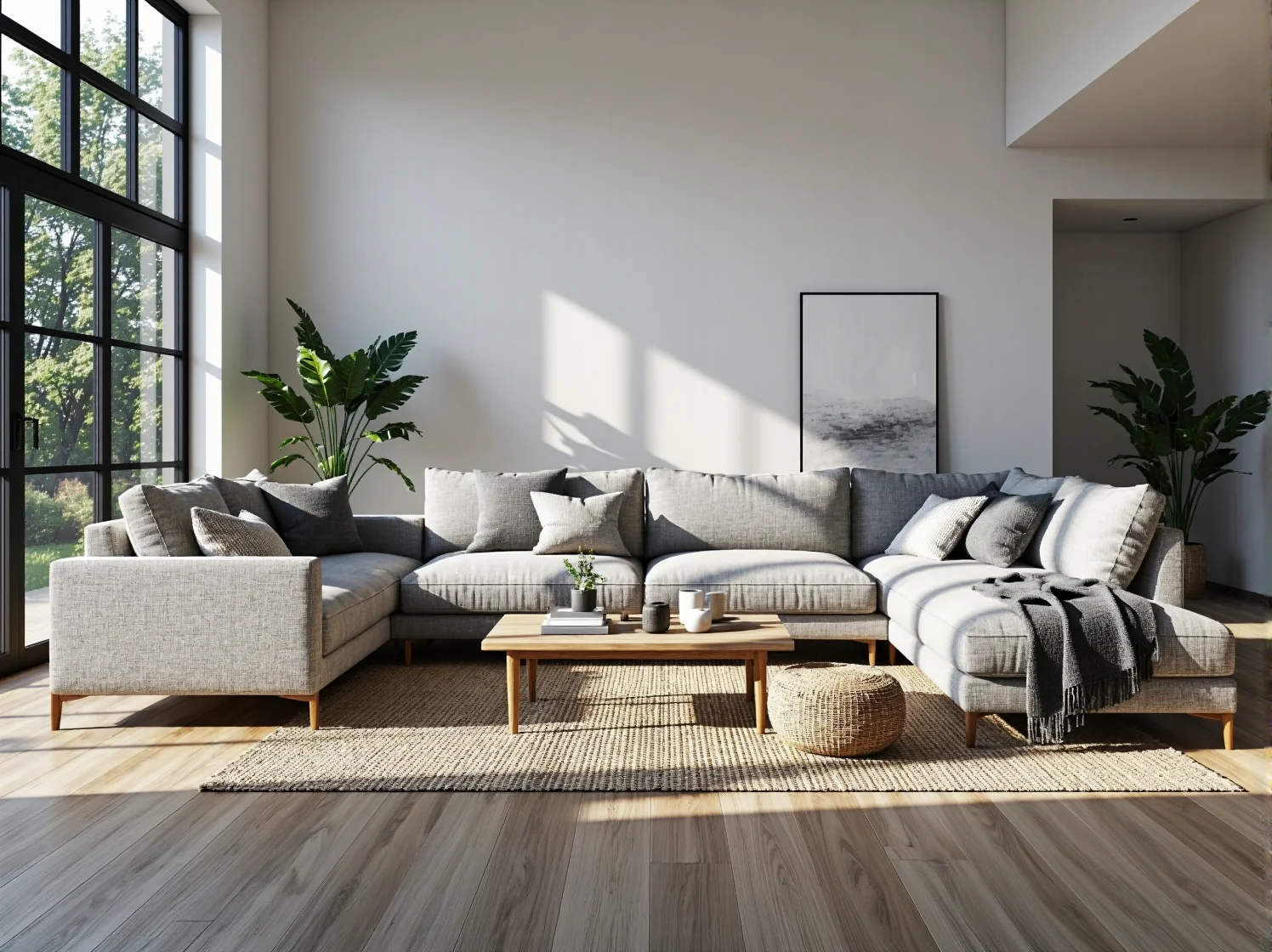 Narożnik modułowy szary z drewnianymi nogami w stylu skandynawskim