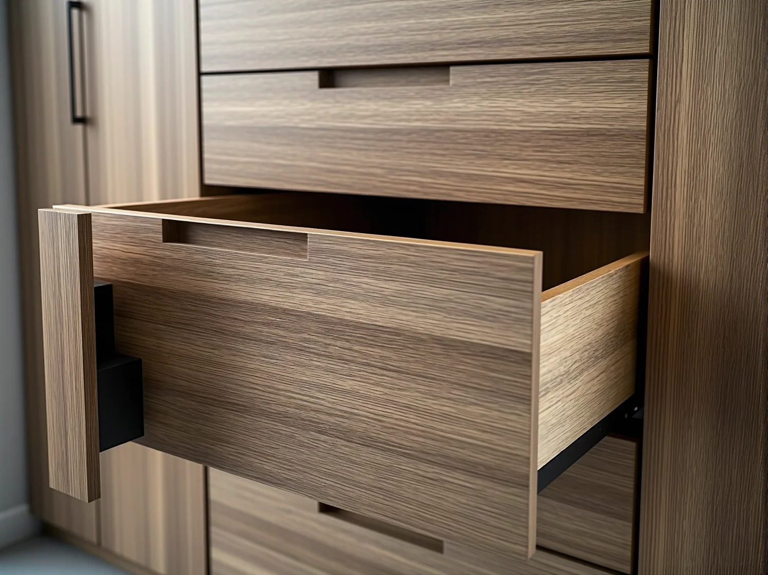 Mechanizm push-to-open zamontowany w szufladzie nowoczesnych mebli kuchennych.