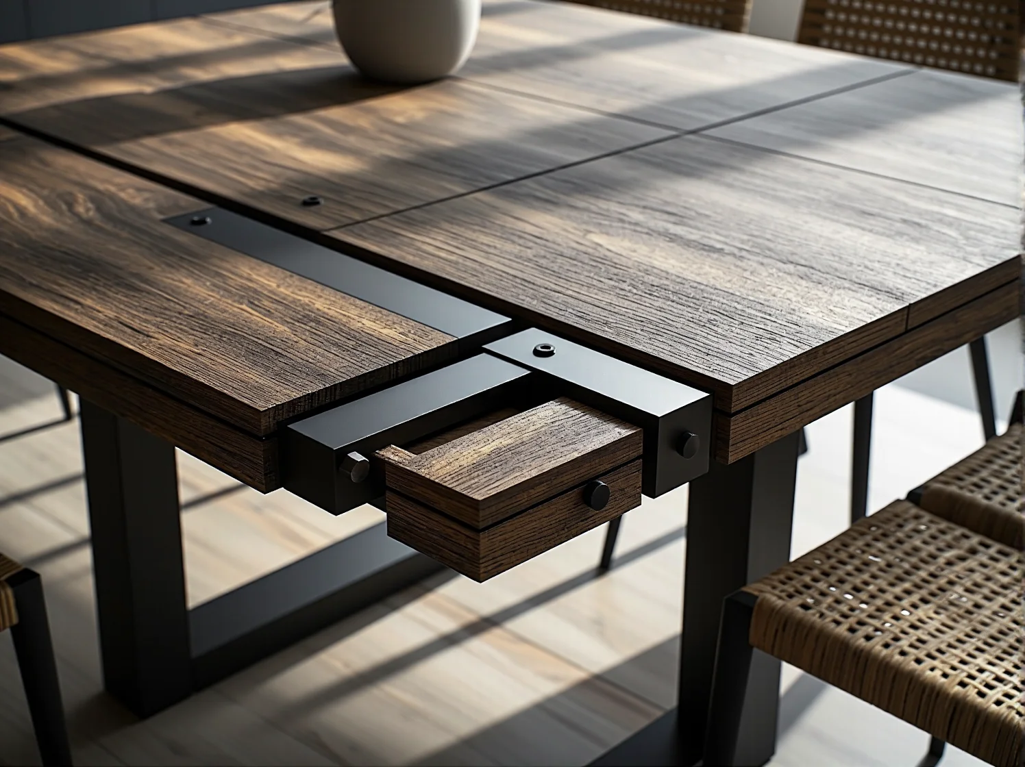 Zbliżenie na solidny mechanizm rozkładania stołu jadalnianego, prowadnice synchroniczne.