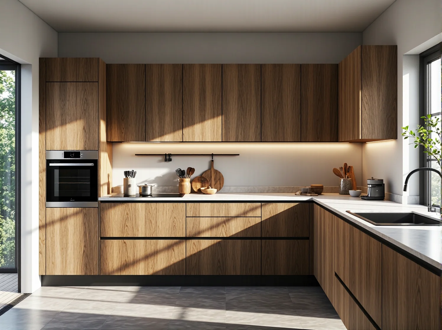 Minimalistyczne białe fronty kuchenne bez uchwytów z systemem dotykowym.