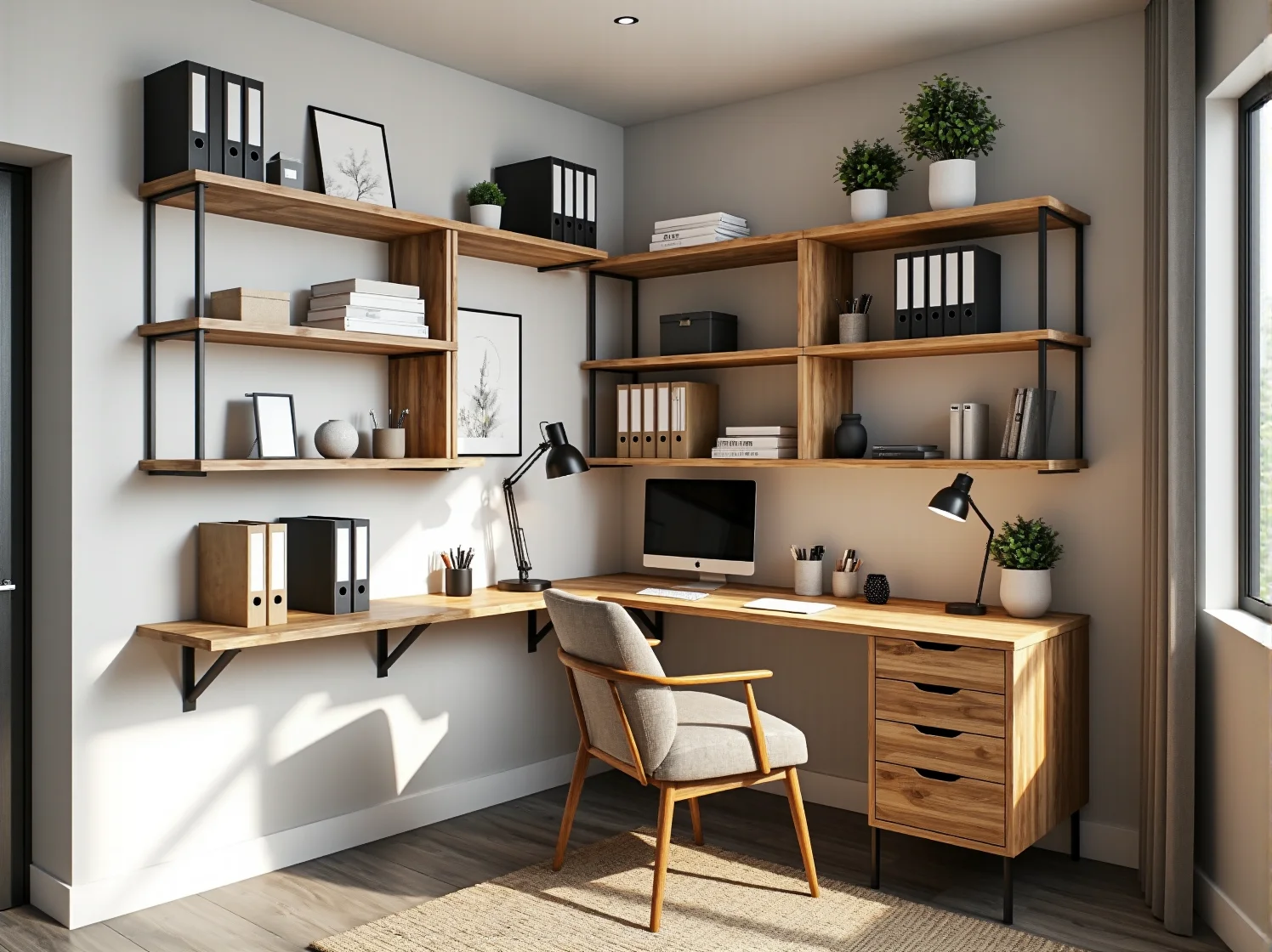 Białe minimalistyczne półki wiszące do małego mieszkania, optyczne powiększenie wnętrza.