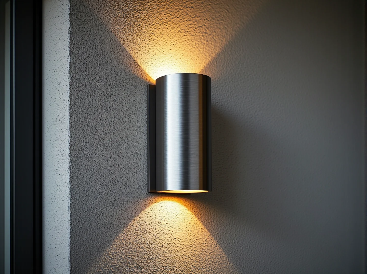 Minimalistyczny kinkiet zewnętrzny na szarej elewacji domu w stylu nowoczesnym.