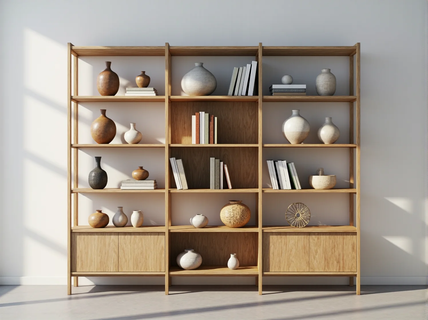 Minimalistyczny regał na książki w stylu skandynawskim w przestronnym lofcie.