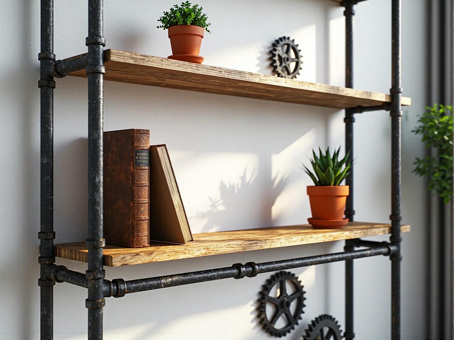 Proces montażu industrialnej półki - łączenie metalowych rur i żeliwnych kryz.