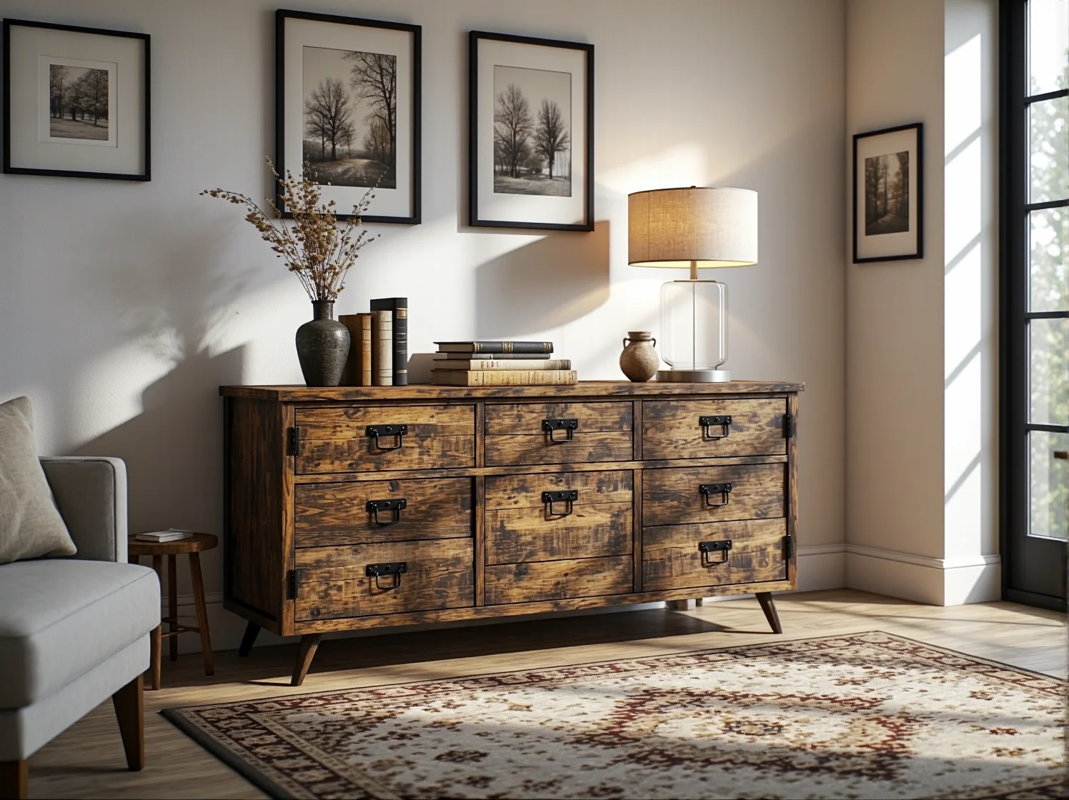 Rustykalna komoda drewniana z sześcioma szufladami i metalowymi uchwytami