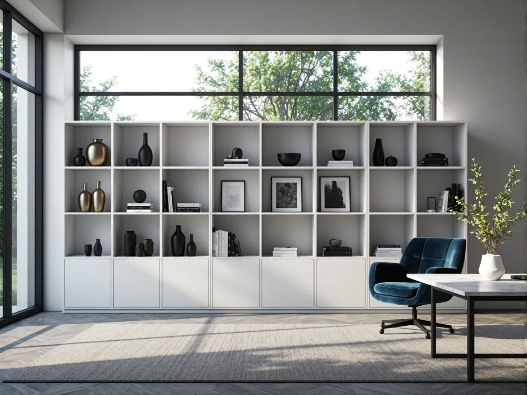 Biały regał modułowy z otwartymi półkami i szafkami dolnymi