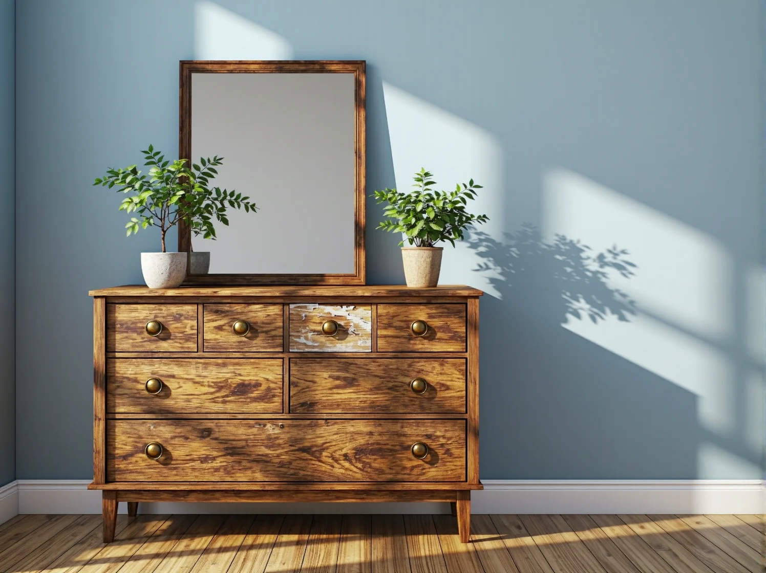 Aplikacja specjalistycznego wosku do drewna w celu wypełnienia głębokiego zadrapania na komodzie.