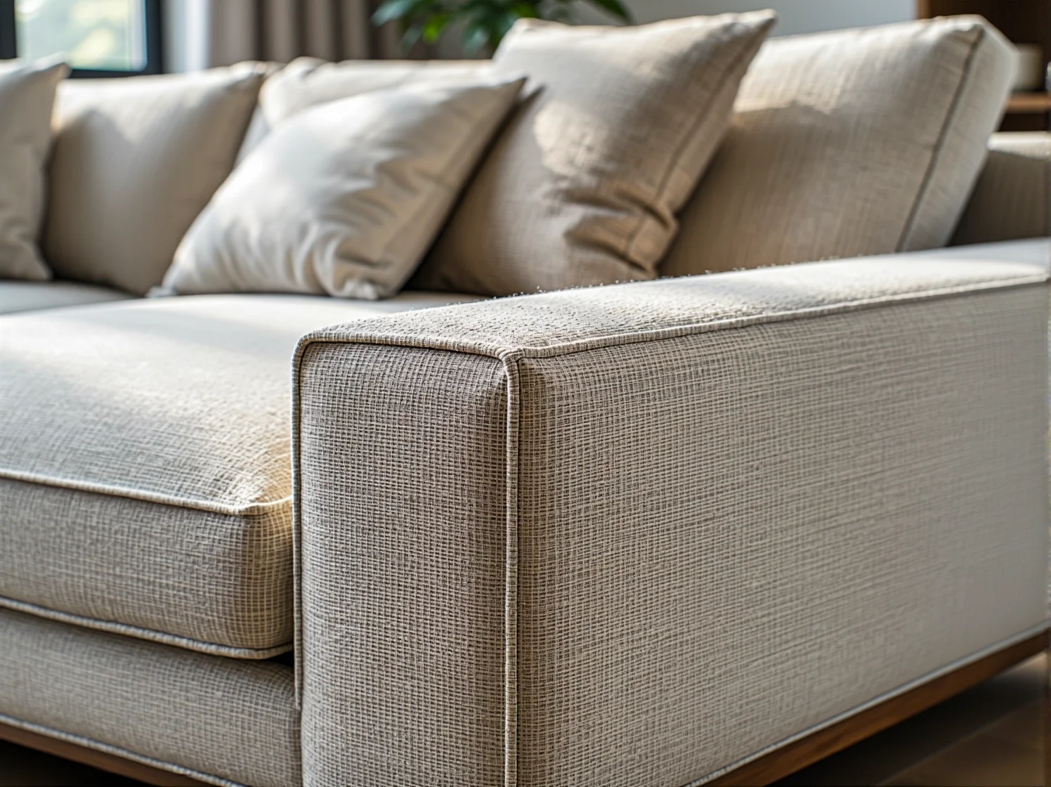 Minimalistyczny narożnik w barwach ziemi dopasowany do nowoczesnej i przytulnej aranżacji wnętrza.