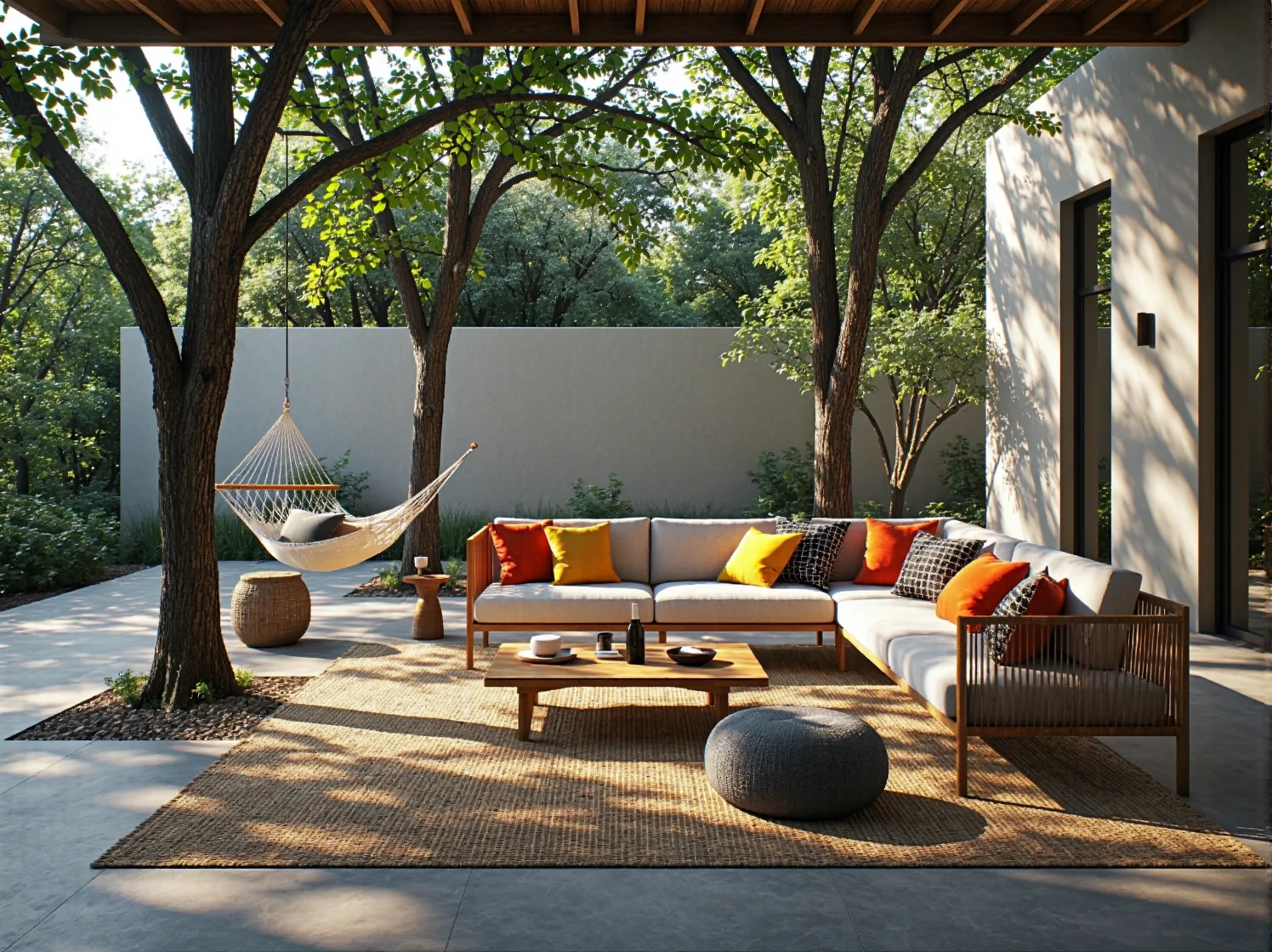 Nastrojowe oświetlenie tarasu girlandami świetlnymi i lampionami tworzące wieczorną oazę relaksu.