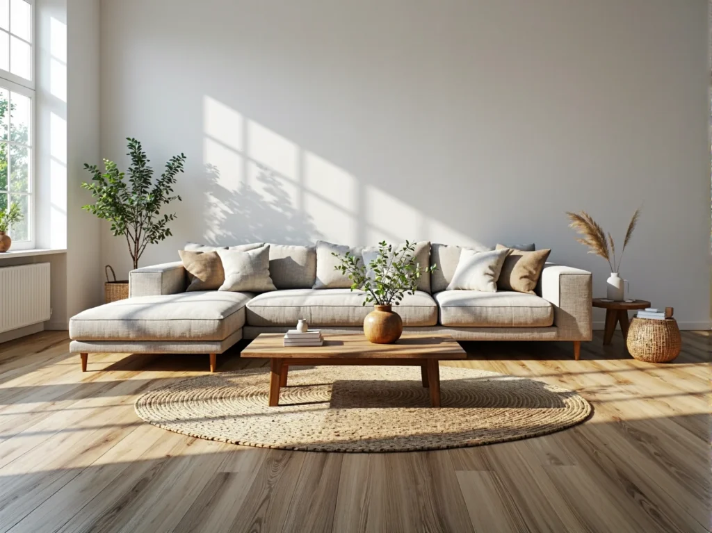 Narożna sofa beżowa w stylu skandynawskim na drewnianych nóżkach