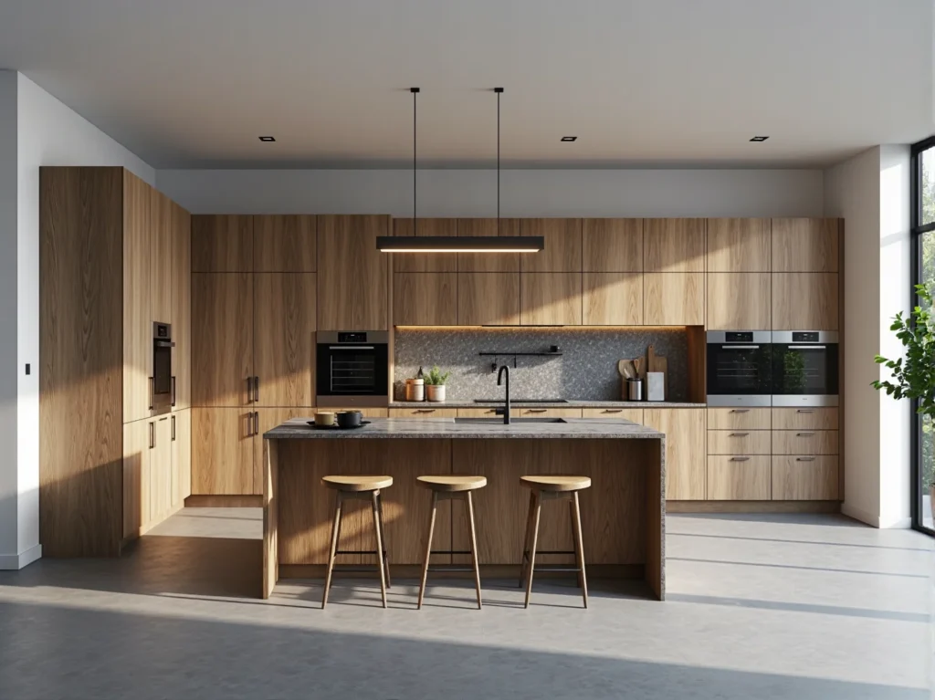 Nowoczesna kuchnia bezuchwytowa dąb naturalny z wyspą i zabudową