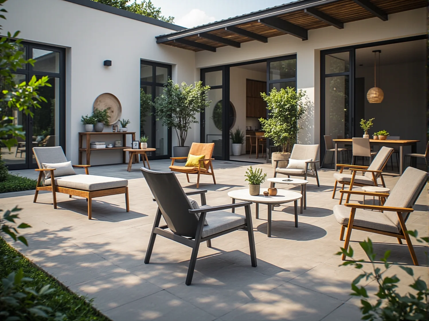 Różne modele nowoczesnych krzeseł ogrodowych wykonanych z materiałów z recyklingu.