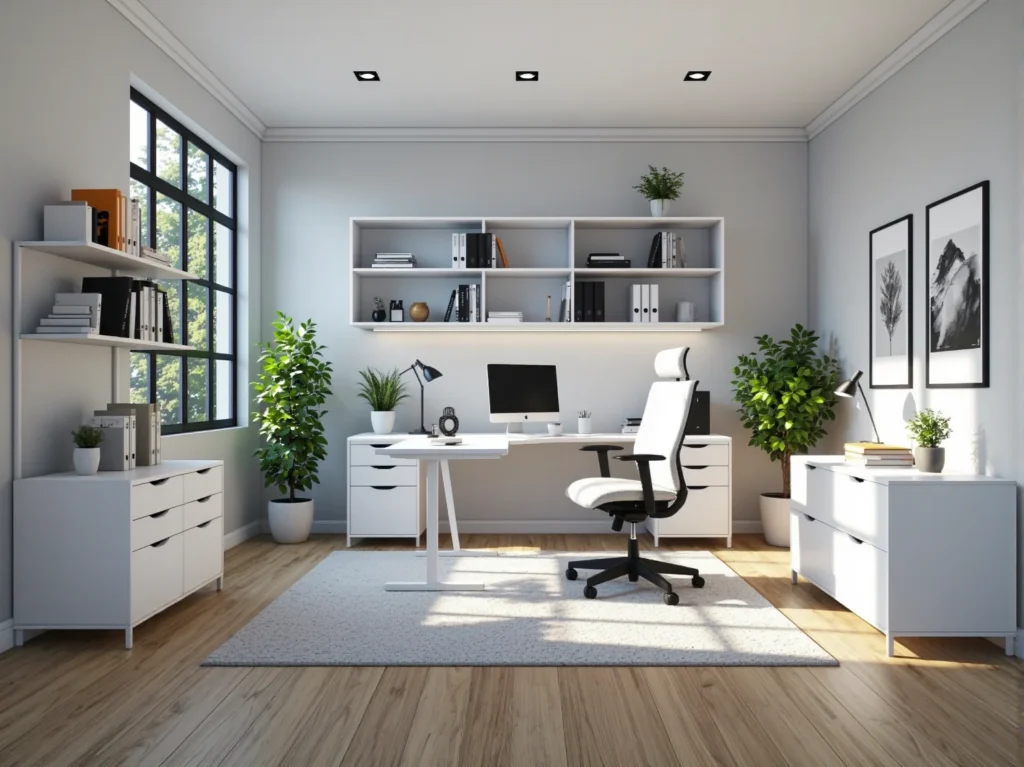 Białe biurko z szufladami i wisząca półka do domowego biura