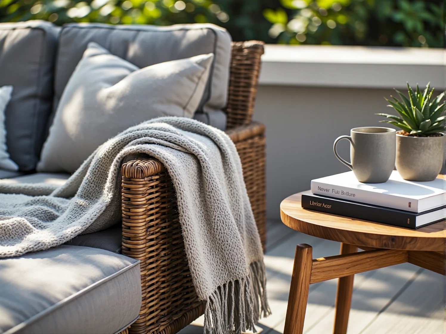 Nowoczesne meble ogrodowe z technorattanu na drewnianym tarasie w otoczeniu zielonych roślin.