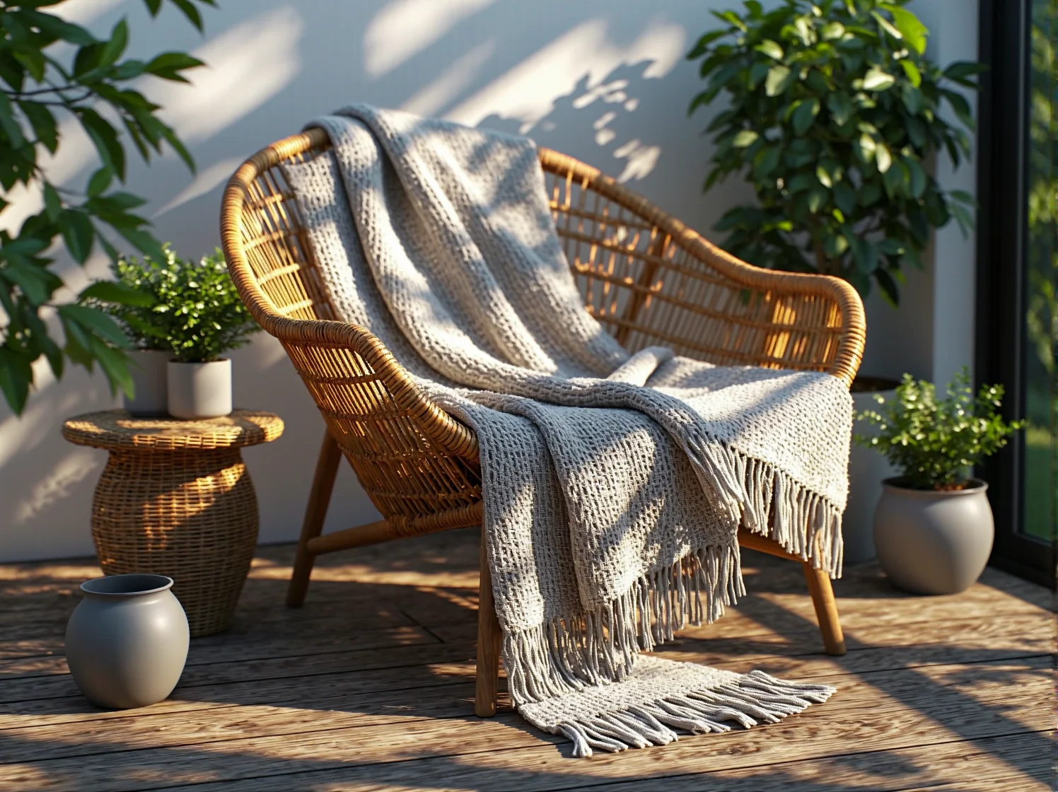 Nowoczesne meble ogrodowe na tarasie idealne do komfortowego odpoczynku na świeżym powietrzu.