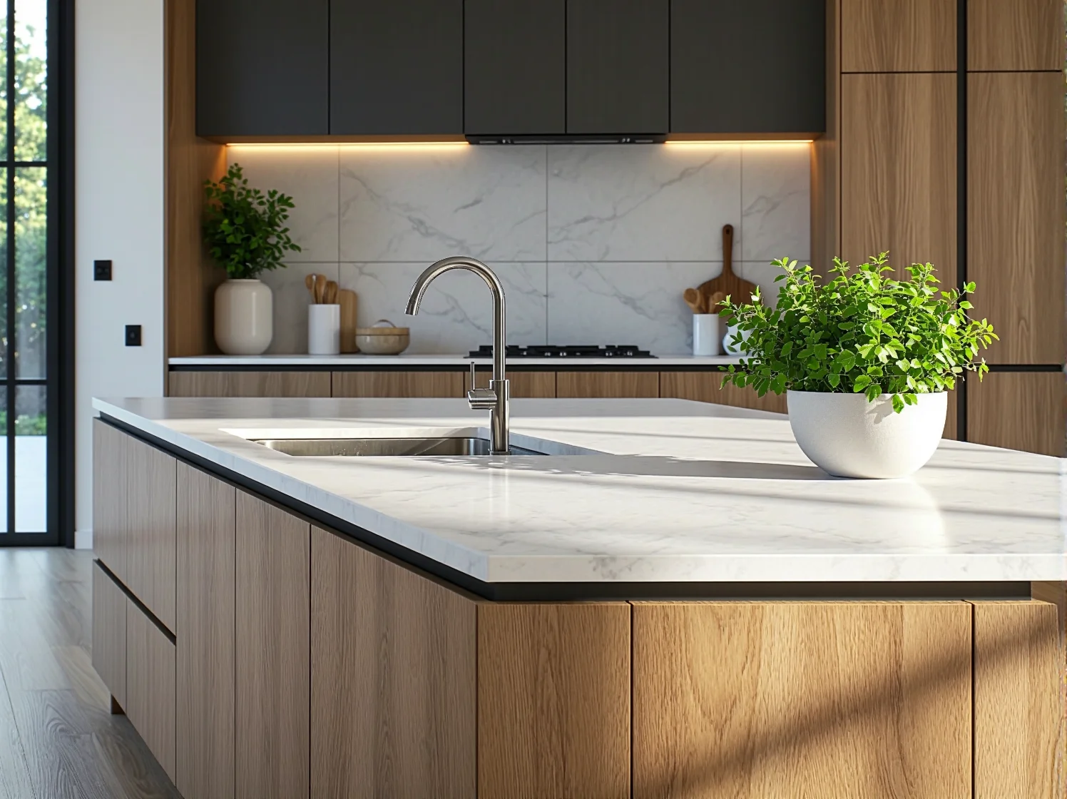 Nowoczesne oświetlenie wiszące nad wyspą kuchenną łączące estetykę i funkcjonalność w jasnej kuchni.