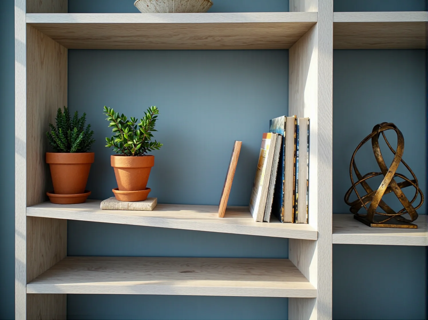 Odnowiony regał w nowoczesnym salonie – efekt końcowy renowacji starego mebla.