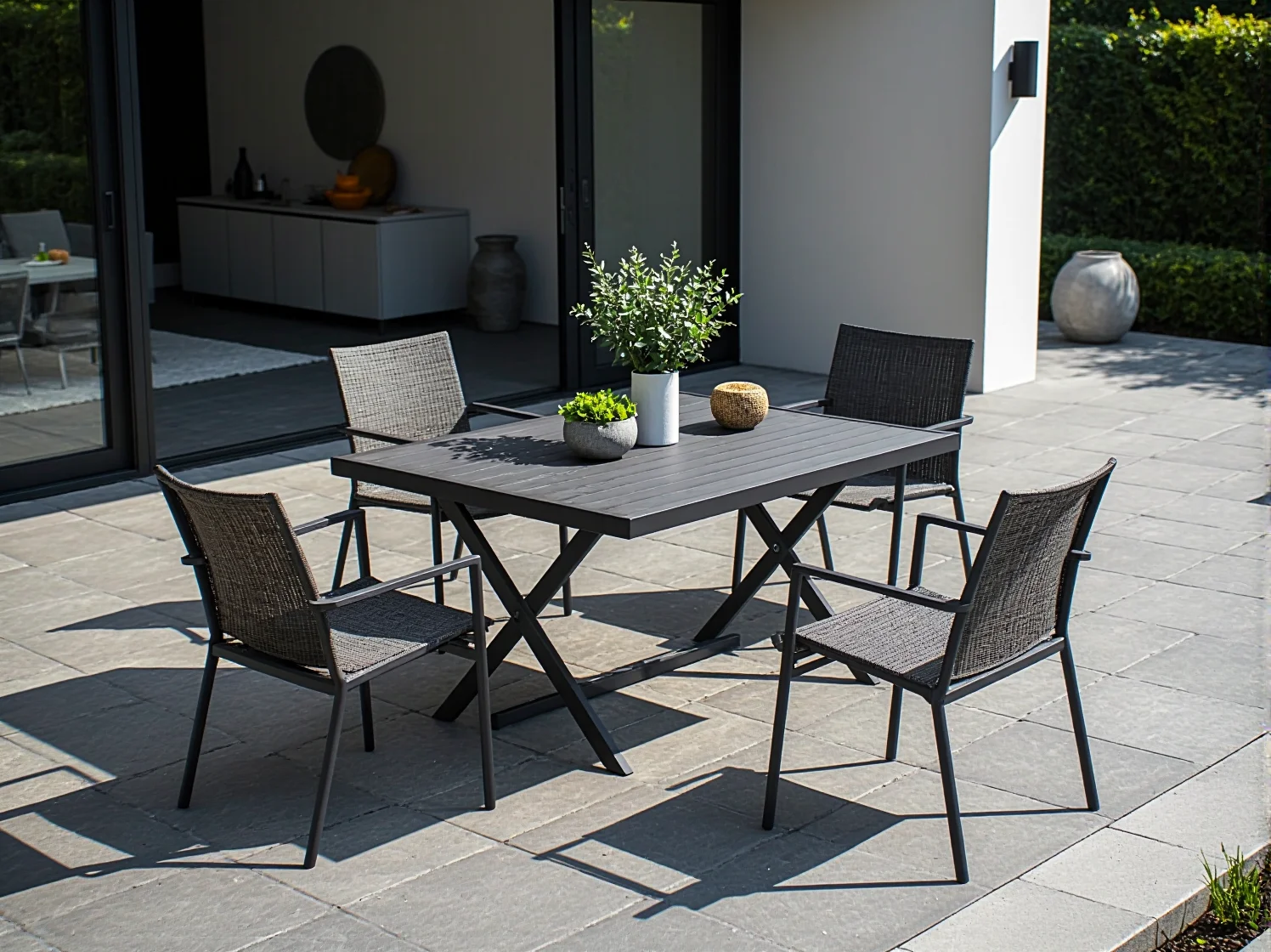 Metalowy stół rozkładany na taras w nowoczesnej aranżacji jadalni na świeżym powietrzu.