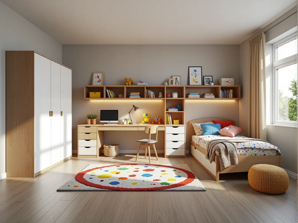 Zestaw mebli dziecięcych dąb z białymi frontami i oświetleniem LED