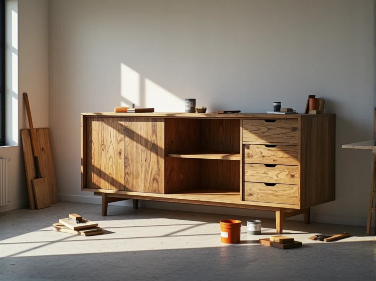 Drewniana komoda dębowa z szufladami i otwartą półką w stylu vintage