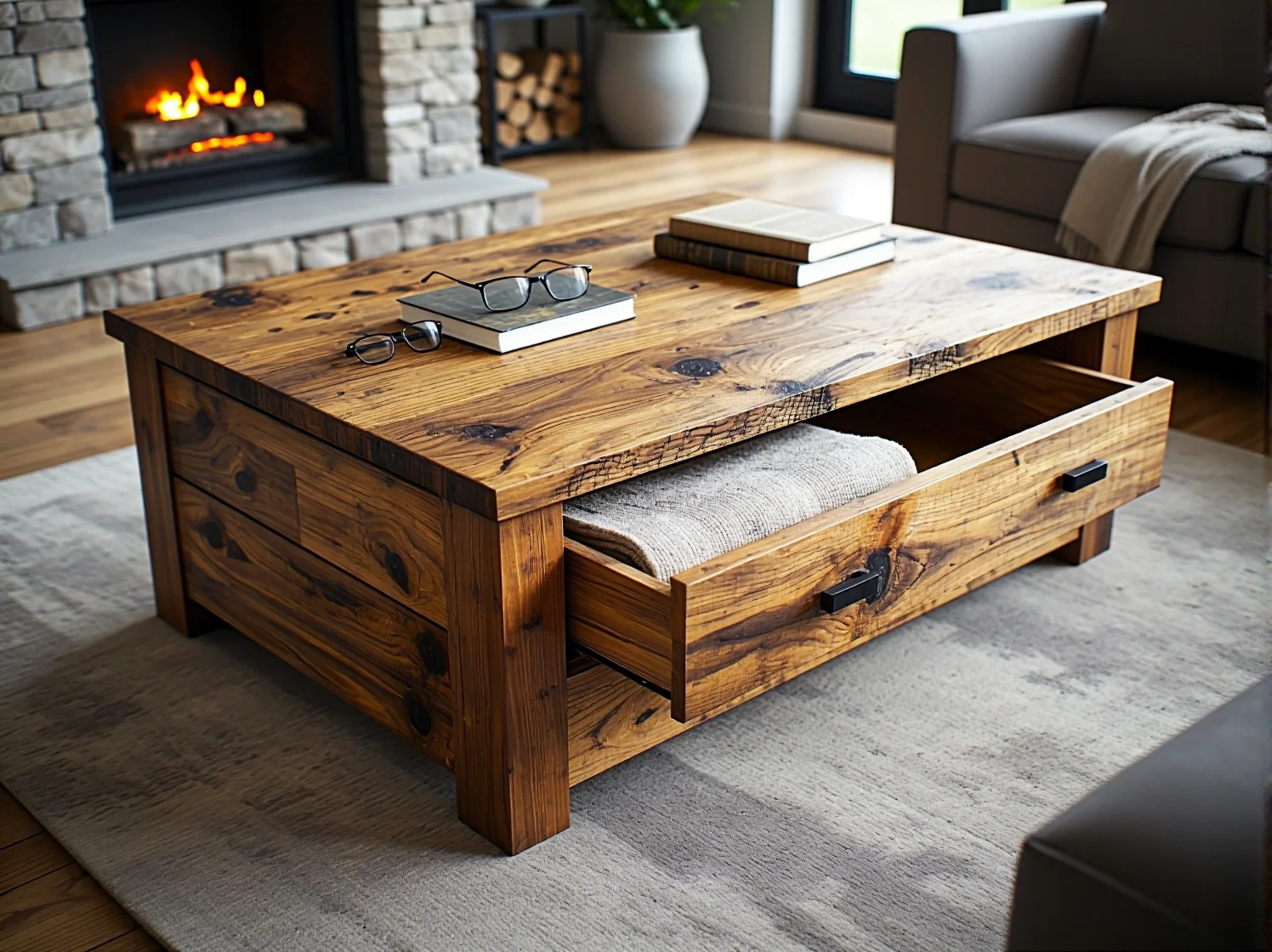 Okrągły stół kawowy ze schowkiem pod blatem w skandynawskim stylu