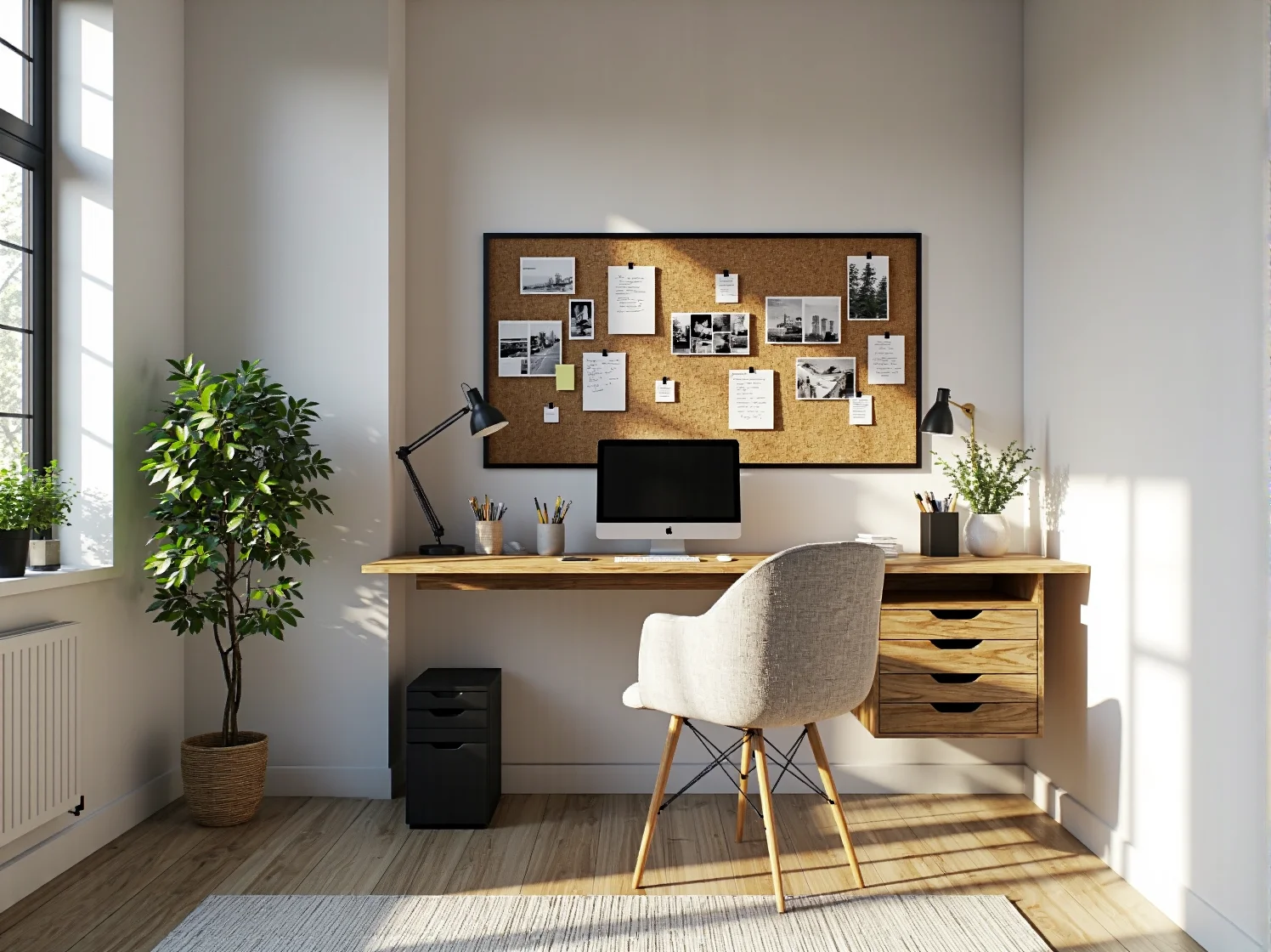 Półki ścienne i organizery biurowe nad miejscem do pracy w kawalerce.