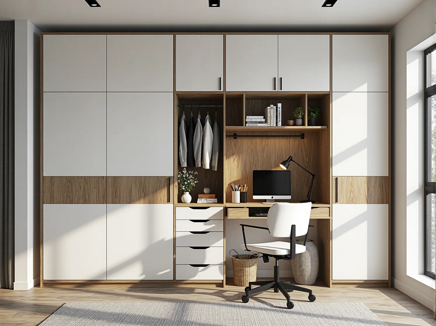 Wnętrze szafy przesuwnej z systemem półek ułatwiającym organizację w kawalerce.